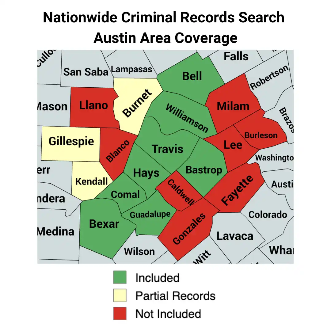 Map of central Texas counties and whether their records are included in the Nationwide Criminal Database search. 8 counties are included, 3 are partially included, and 8 are not included at all.